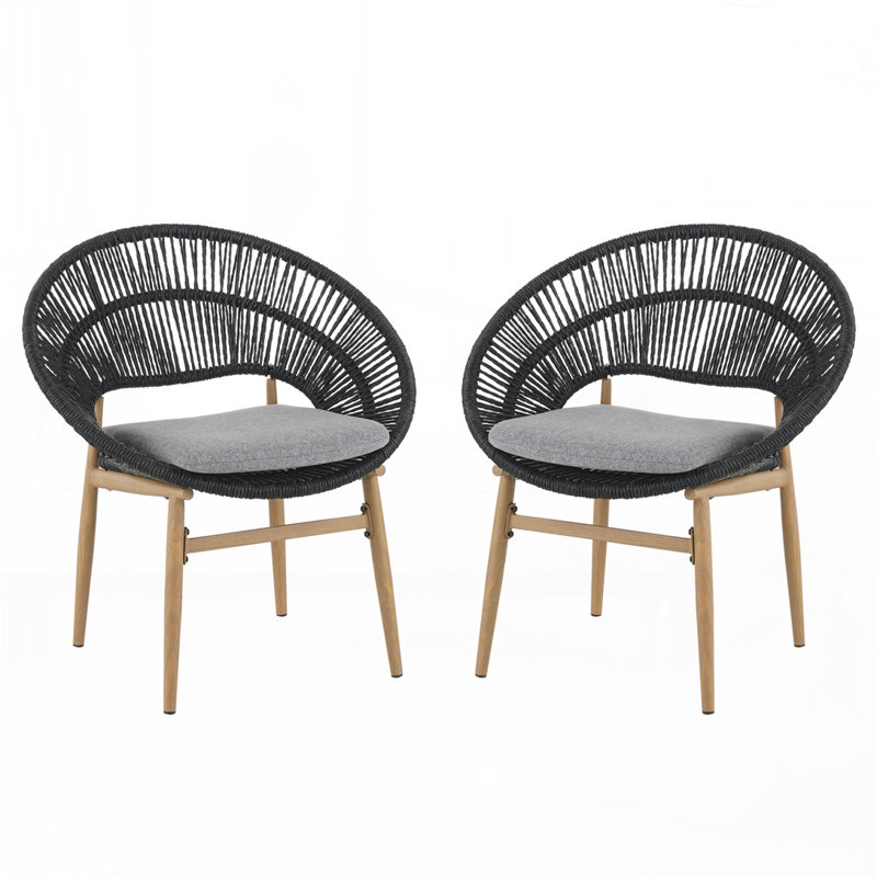 Chaise d'extérieur en osier de style papasan, Coussin gris foncé / structure noire