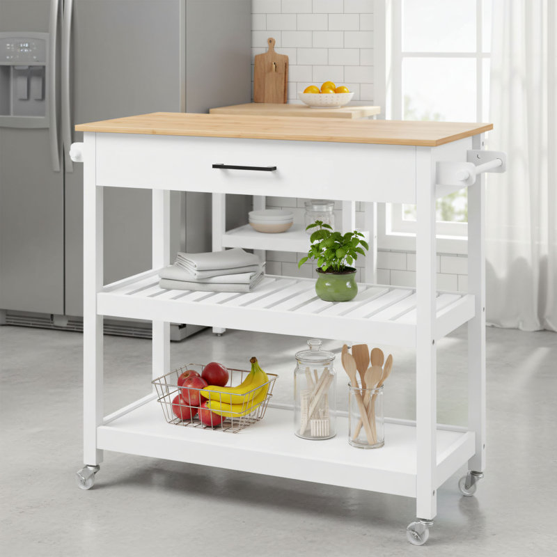 White Wheeled Kitchen Island Trolley With Drawers, Detachable Towel Rack, And 3 Hooks. A Flexible Storage Trolley For Home Kitchens.
