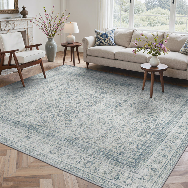 Tapis d'intérieur / bleu performance oriental lavable à la machine avec envers antidérapant, Rectangle 6 pi x 9 pi