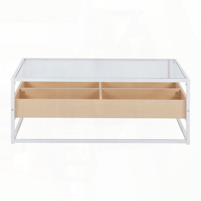Table basse contemporaine avec plateau en verre trempé et compartiments en bois - métal blanc