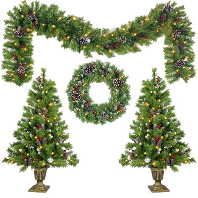 Ensemble de sapin de Noël artificiel pré-éclairé 4 pièces, guirlande, couronne et ensemble de 2 arbres d'entrée avec lumières DEL, arbre de Noël