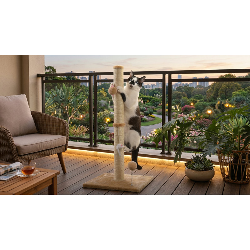 Grattoir à chat vertical 32 pouces 3 en 1 avec jouets en peluche et base renforcée, sisal de qualité supérieure, beige