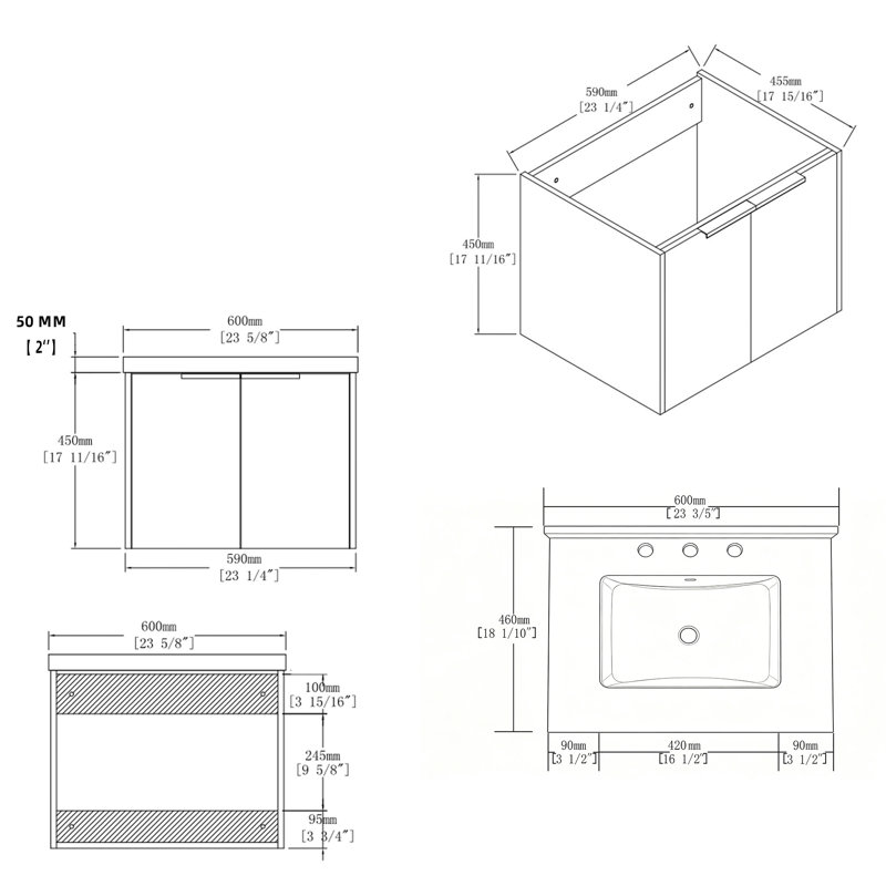 Meuble-lavabo flottant 24 po avec lavabo, porte à fermeture douce, comptoir et dosseret en granite blanc de 2 po
