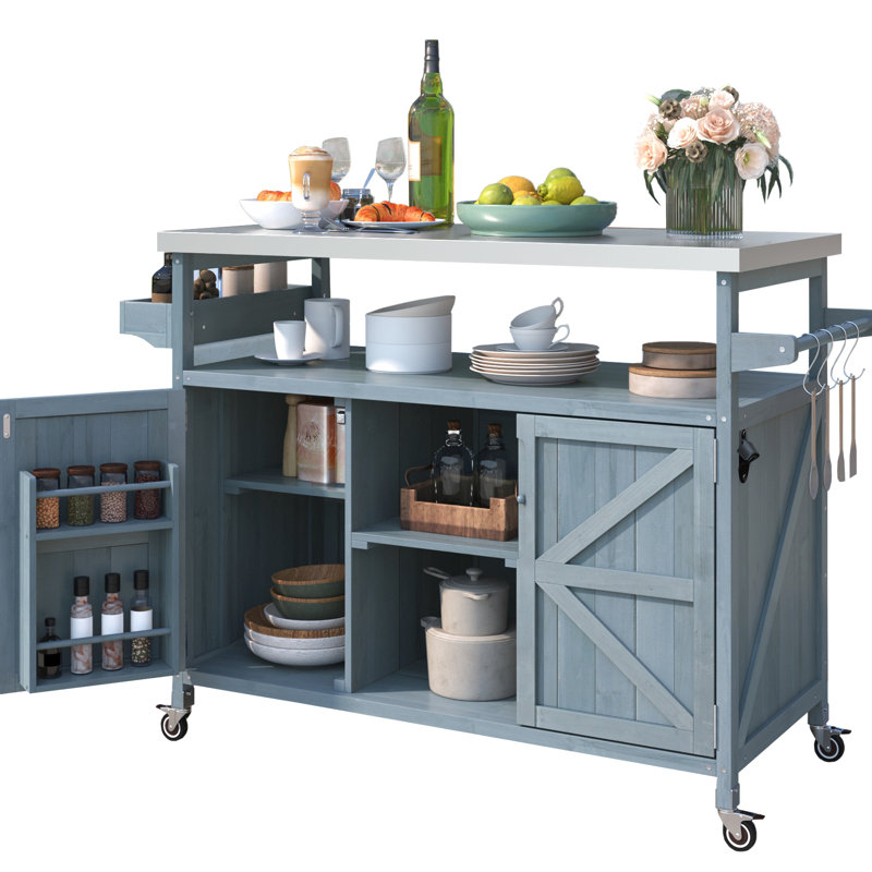 Bar de luxe pour l'extérieur: acier inoxydable et bois. Vaste espace de rangement. 4 roues verrouillables. Gris-bleu Table gril porte-serviettes avec tablette ouverte