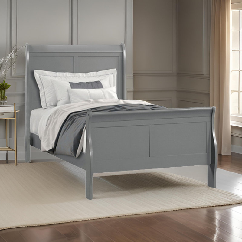 Lit Ryla, tête de lit-bateau, bois massif classique, Complète, Gris
