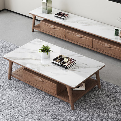 Table basse en frêne avec comptoir en pierre