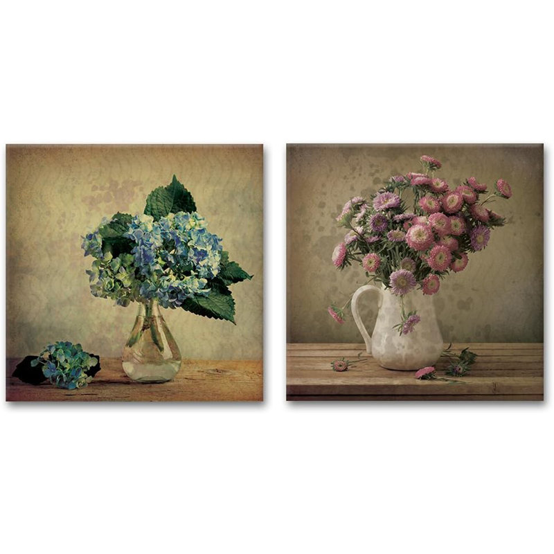 Plant In Bottle " Vintage Style Flowers In Vases " 2 - Pieces, 12" H x 24" W x 1.5" D