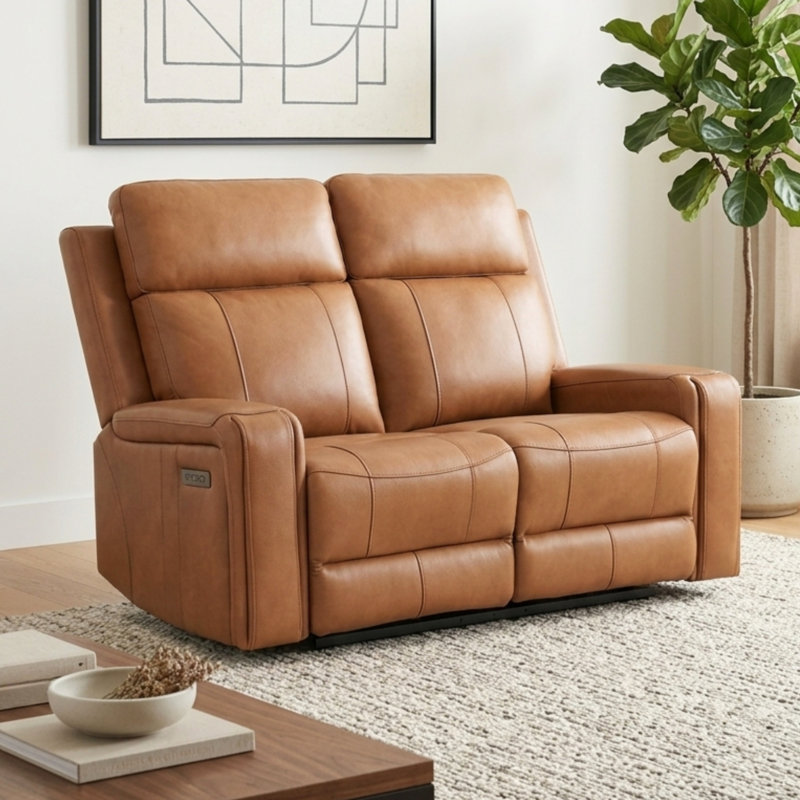 Canapé inclinable électrique Reid 58 po en cuir avec port USB - Cognac, Brun