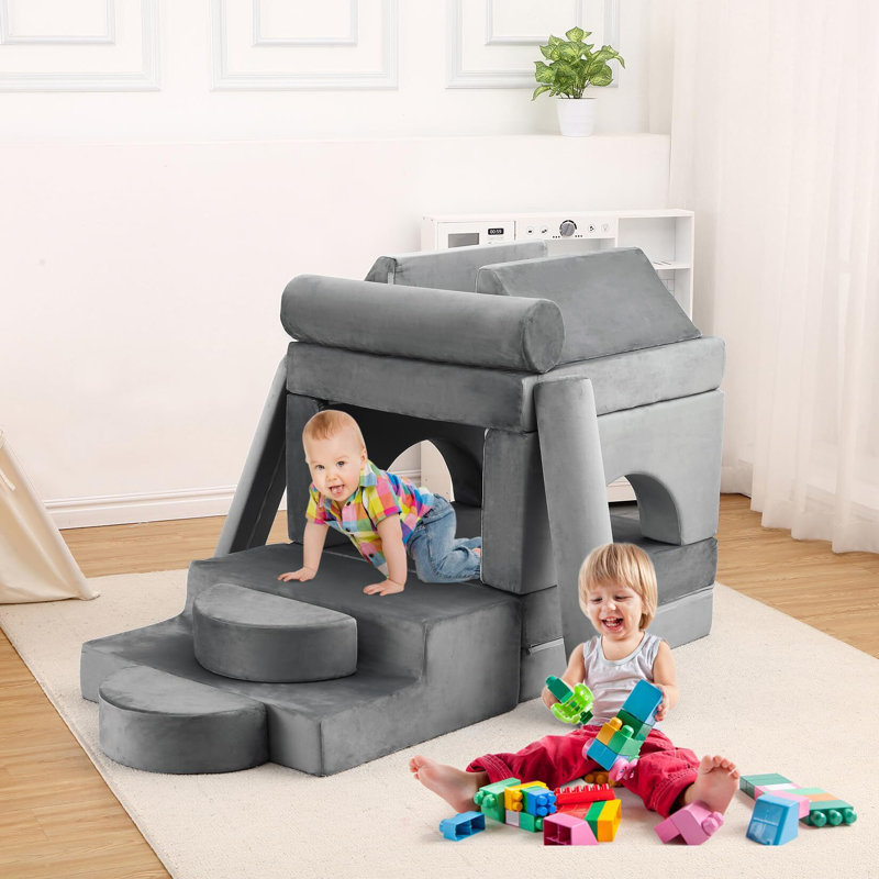 Modular Kids Couch 13PCS Nugget Couch, Grey Faux Leather