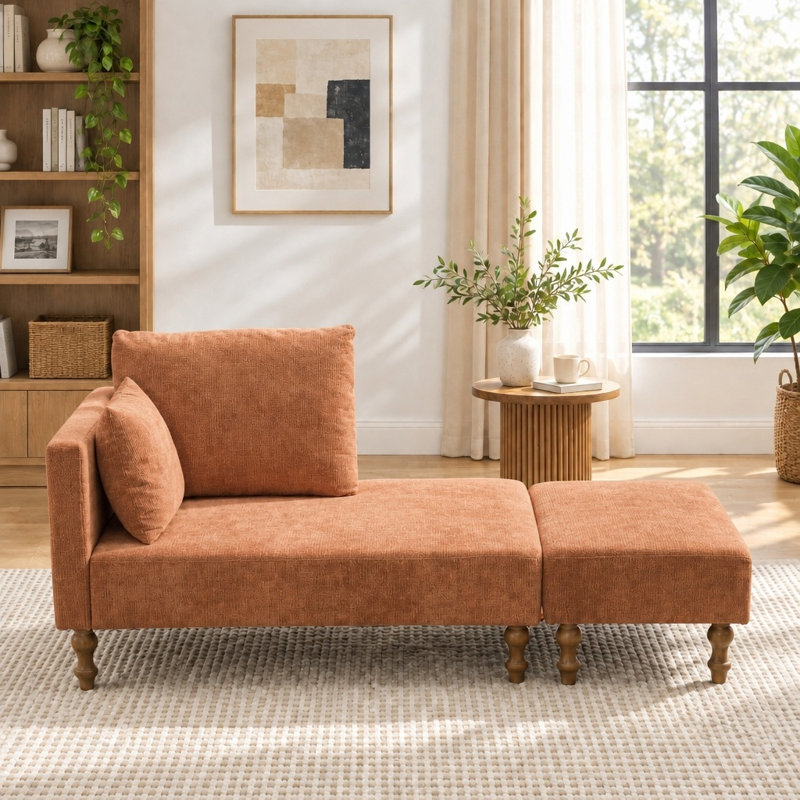 Chaise longue modulaire en velours côtelé rembourré avec accoudoirs et deux coussins, Orange, 1