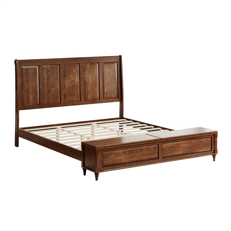 Bed Frame With High Headboard And Footboard Storage Bench, Walnut Brown, King