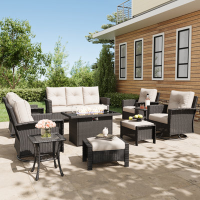 Lark Manor 10 Piece Wicker Patio Furniture Set with Fire Pit Table, Classis  Outdoor Conversation 360 Degree Swivel Chairs Set with Coffee Table Beige 