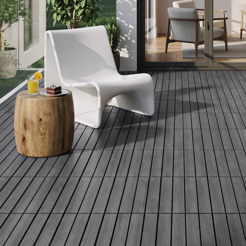 Ensemble de tuiles de patio 11 pièces à emboîtement WPC, tuiles de plancher intérieures / extérieures imperméables 11,8 po, aspect bois composite durable, gris foncé