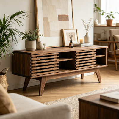 Meuble télé Render de 46 pouces de style Mid-Century avec portes à lattes, tablettes ouvertes et système de gestion des câbles