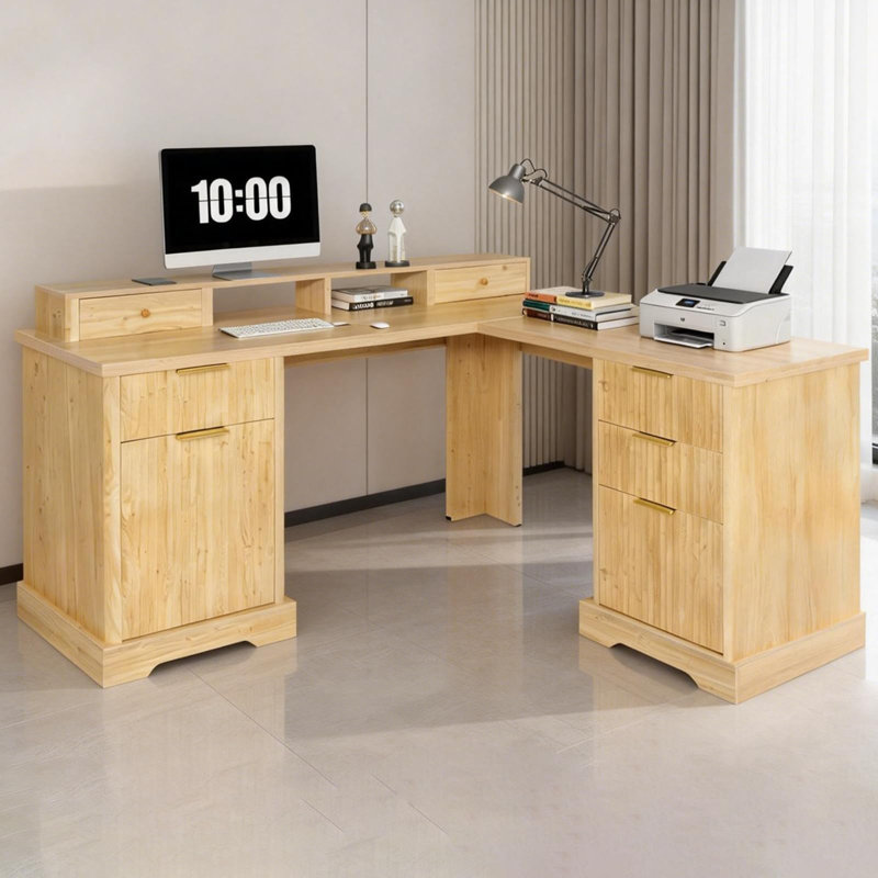 59'' Fluted Executive L Shaped Desk, Computer Corner Desks With Power Outlets, Yellow/Yellow