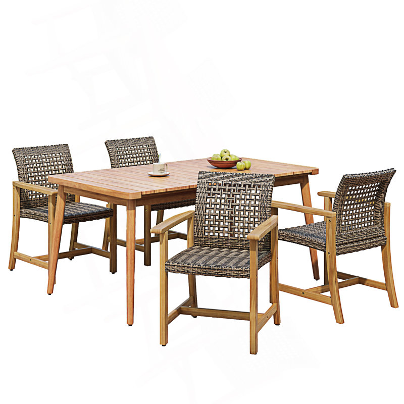 Ensemble de salle à manger 5 pièces pour patio, table à lattes et 4 chaises