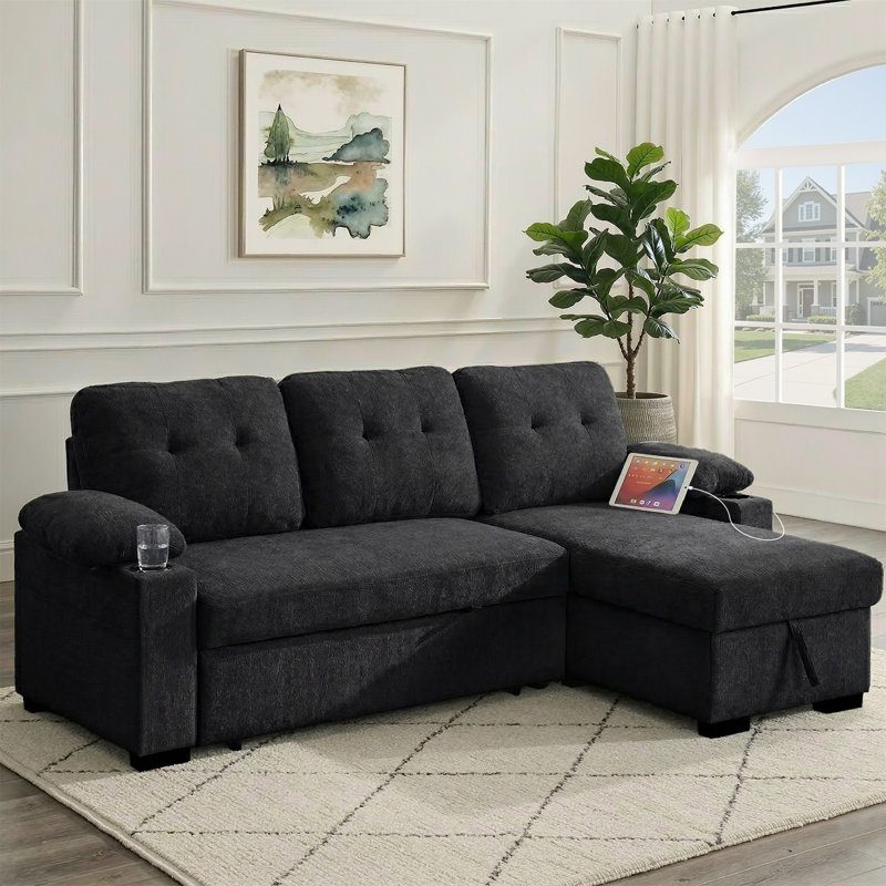 Canapé-lit modulaire de 95 po avec lit escamotable, canapé convertible en forme de L avec méridienne réversible, ports USB, porte-gobelets et table d'appoint pour salon, appartement