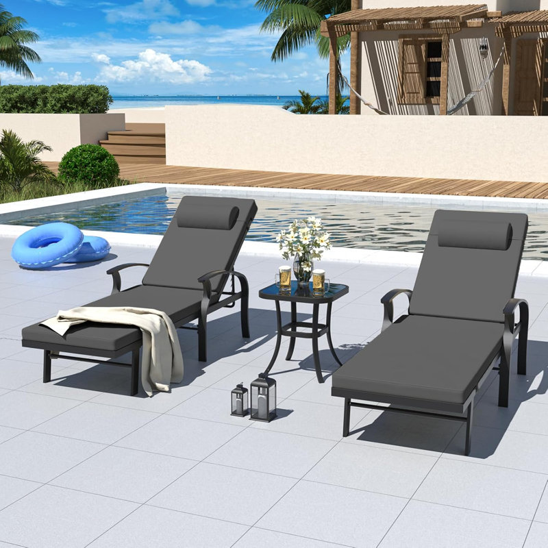Ilari 3-Piece Outdoor Aluminum Chaise Lounge Chair Set with Cushions, Adjustable Backrest & Glass-Top Side Table, Black