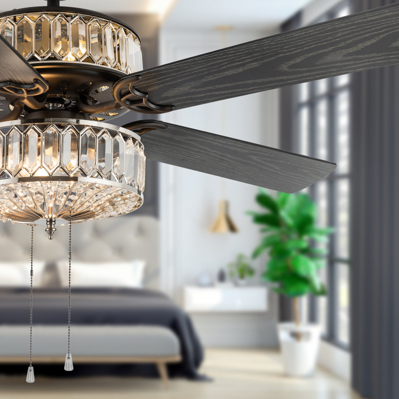 52" Lea 5 - Blade Geometric Cut Crystal Ceiling Fan with Pull Chain