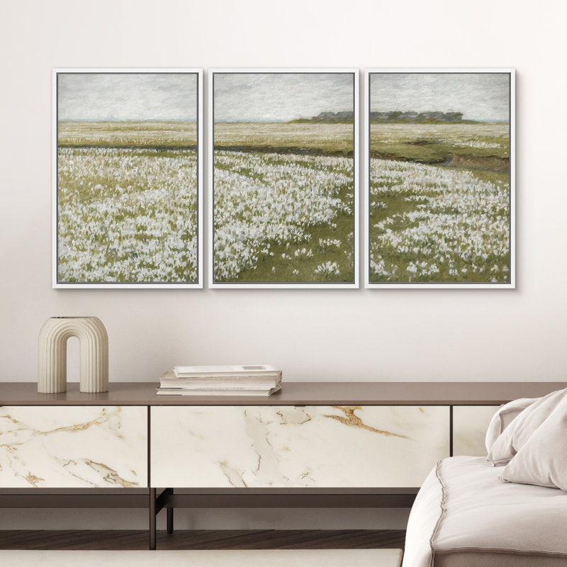 3 pièces, peinture sur toile à cadre flottant, H 24 po x l 48 po x P 1,5 po, Blanc