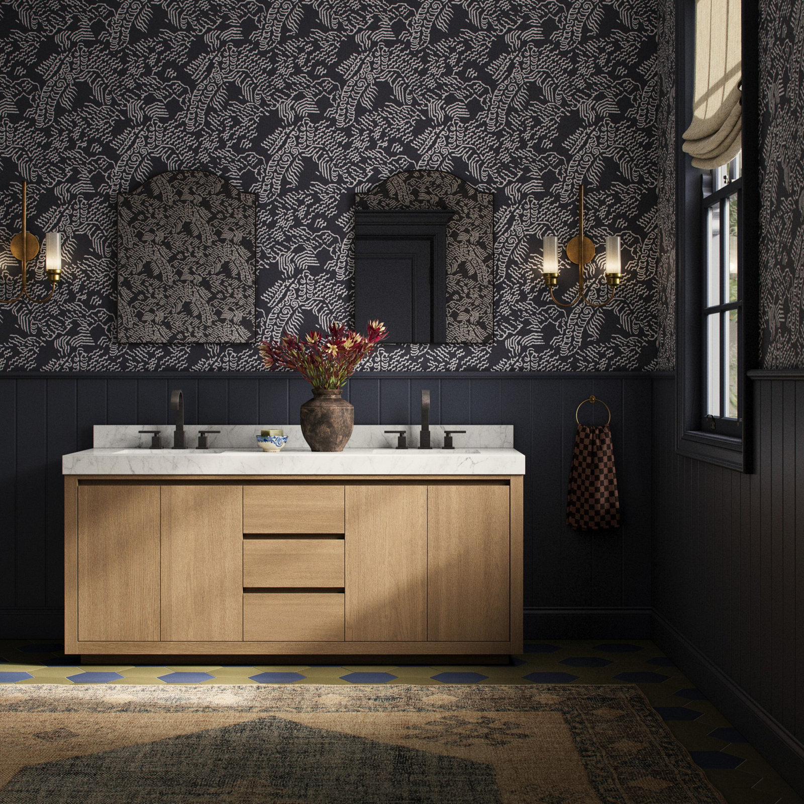 Oak Double Bathroom Vanity, Satin Light Wash Oak Veneer