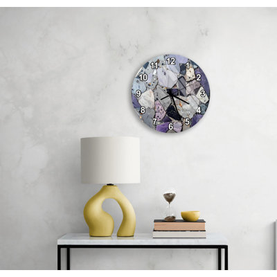 Terrazzo Wall Clock, Modern Purple Stone Art, Tempered Glass Decor - Industrial Mosaic Watch, Large Round Kitchen Timepiece
