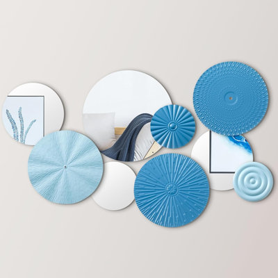 9 Pcs Blue Mirror Wall Decor Metal Round Home Art Decor Decorative Modern Circle Mirror Wall Art Sculpture Hanging Decorations For Home Living Room Office