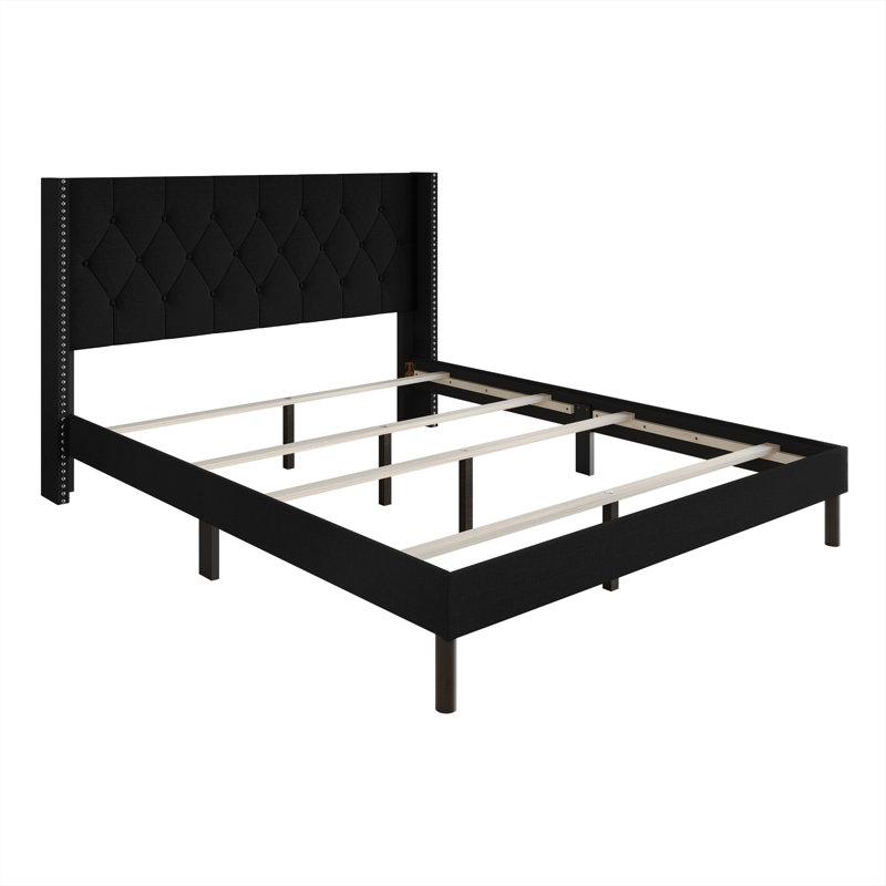 Viers Tufted Upholstered Wingback Panel Bed, Black, Queen