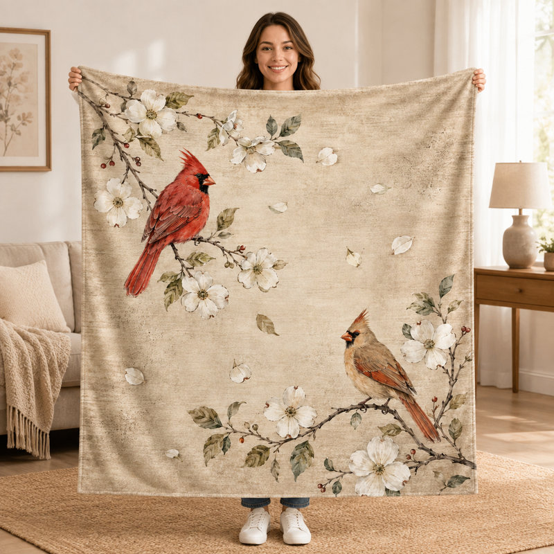 Jeté Cardinal Vintage Blossom, oiseaux rouge et brun clair avec fleurs blanches sur fond beige chaud, couche de flanelle pour canapé, chambre à coucher et coin lecture, 50 x 60 po