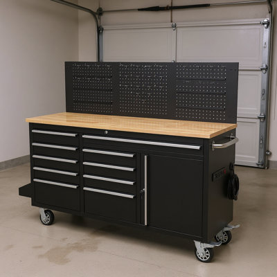 61-inch Rolling Tool Chest, 10 Drawers Garage Workbench Storage Tool Cabinet with Power Strip, Solid Rubber Wood Top, 1675 LBS Load Mobile Workstation, Heavy Duty Rolling Cabinet