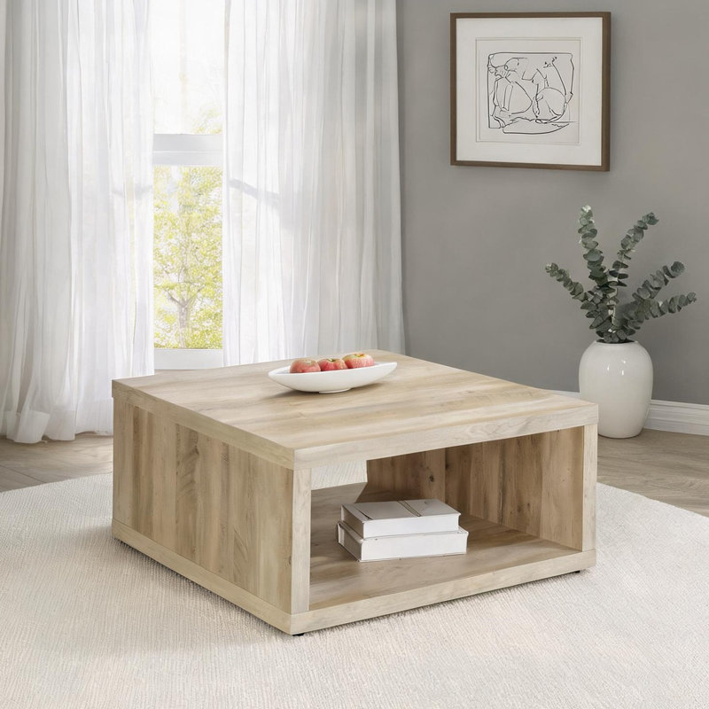 35.5-Inch Square Coffee Table Rustic Style with Distressed Pine Finish in Soft Beige