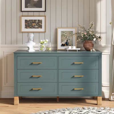 Commode double 6 tiroirs, armoire de rangement moderne avec poignées en métal et pieds en bois massif