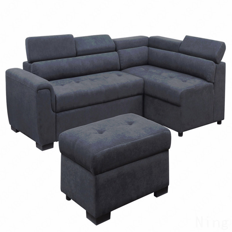 Haris 97" Dark Gray Fabric Sleeper Sofa Sectional With Adjustable Headrest And Storage Ottoman