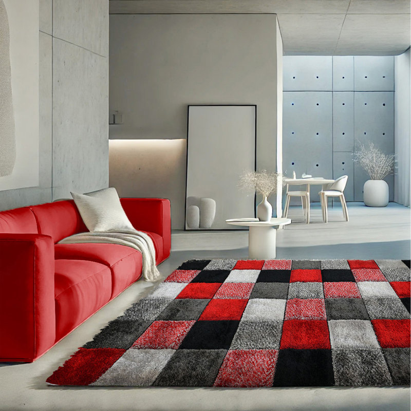 Shaggy Blocks High Pile Rug - Red, Rectangle 60 x 110 cm