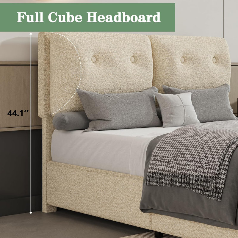 Bed Frames with Headboard, Boucle Bed Frame with Upholstered Headboard, Removable Upholstery, Wooden Slats Support, No Box Spring Needed