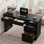 Bureau d'ordinateur noir cannelé avec tiroirs et station de charge, table d'écriture en bois de 54 pouces