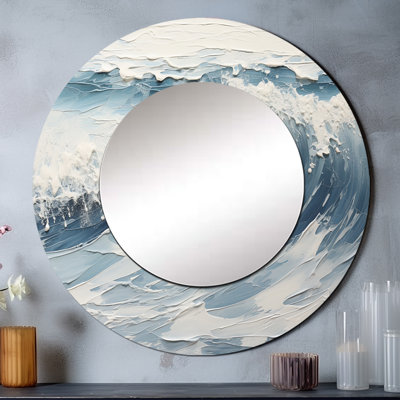 Soft Color Minimal Beach Wave II - miroir décoratif de plage, miroir mural rond noir, impression d'art en métal