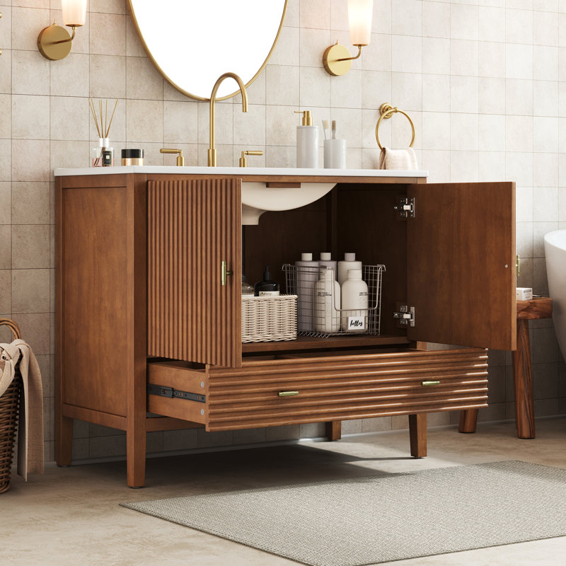 Meuble-lavabo de style Mid-Century avec lavabo et tiroir en céramique Lune, 36"