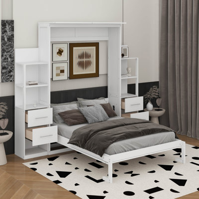 Lit escamotable double avec tablettes, tiroirs et DEL