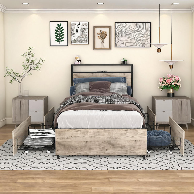 Lit plateforme simple en bois aggloméré gris doux pour une chambre à coucher résidentielle avec station de chargement et de rangement intégrée