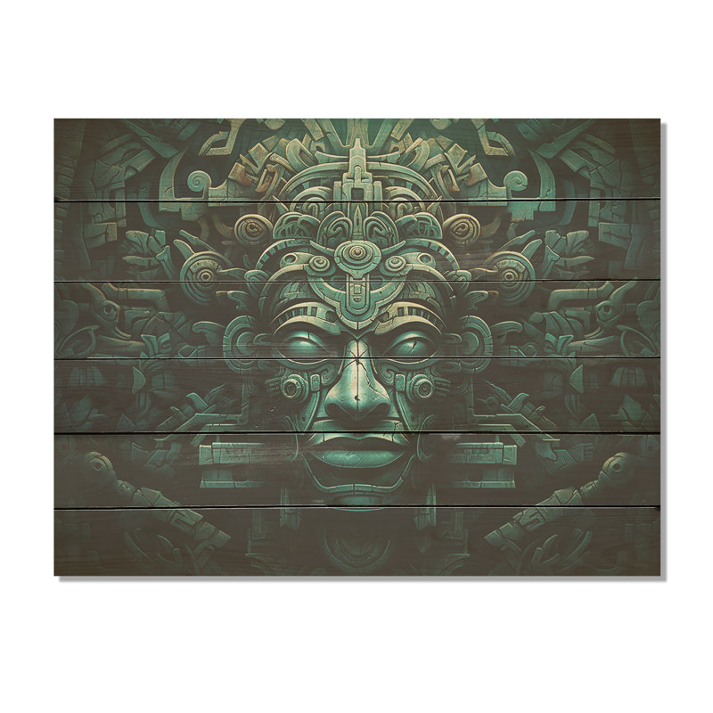 Maya Magic Aztec Mask - Art mural mexicain sur bois de pin naturel, H 30 po x l 40 po