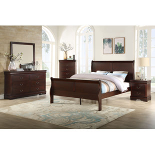 Gage Traditional Queen Sleigh Bed Wood Frame Rich Brown Cherry Finish