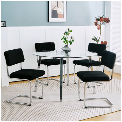 Table de salle à manger moderne et minimaliste en verre ROND, plateau de table en verre transparent et pieds en métal chromé