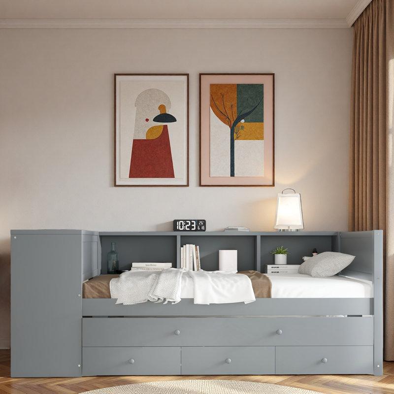 Wood Daybed With Trundle, Storage Drawers, Side Shelves And Desk, Gray, Twin