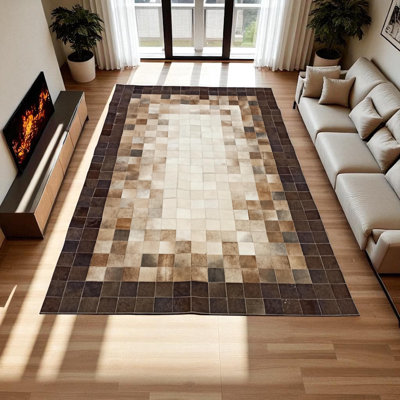 Tapis en cuir de vache ombré, tapis en patchwork de cuir brun et beige, tapis en cuir fait à la main moderne, taille personnalisée disponible_5 x 7,5 pi