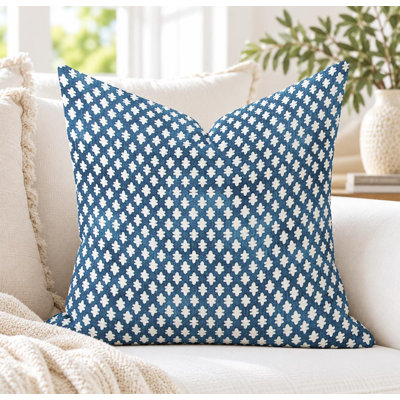 Indigo Blue and white geometric Block Print linen blend throw Pillow