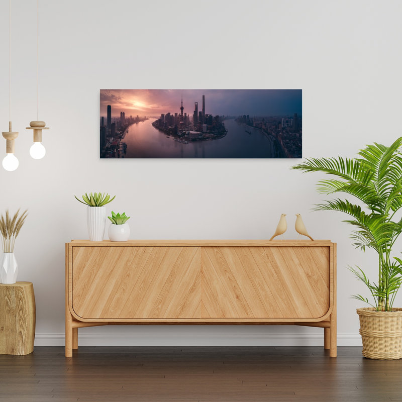 Shanghai Skyline Glow by Javier De La - Wrapped Canvas Panoramic Print, 30.48 cm H x 91.44 cm W