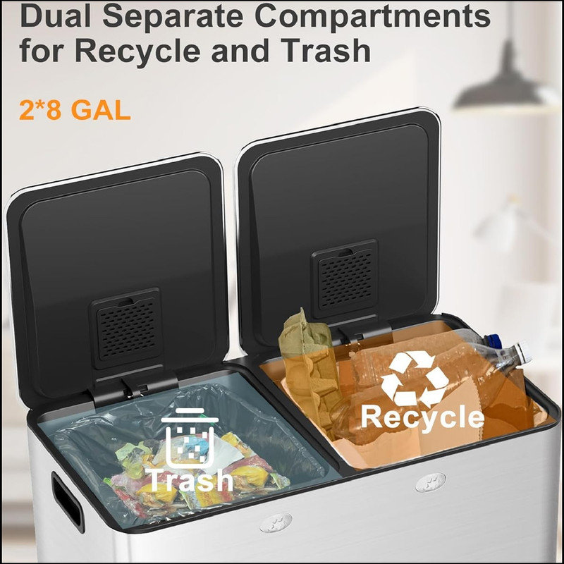 Large Dual Trash Can 2 x 8 Gallons with Plastic Inner Buckets - 60 Litres Stainless Steel Kitchen Double Trash Can,2 Compartment Trash Can Combo Garbage Bin with Separated Lid and Foot Pedal for Kitchen