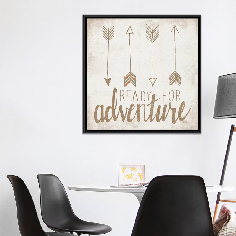 «Ready for Adventure, Beige», art textuel sur toile, H 18 po x l 18 po x P 1,5 po, Pas de tapis, Toile avec cadre noir