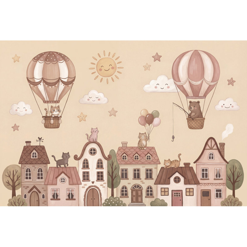 Storybook Village Wallpaper Hot Air Balloons Whimsical Removable Wall Decor, 120"x96", Peel and Stick